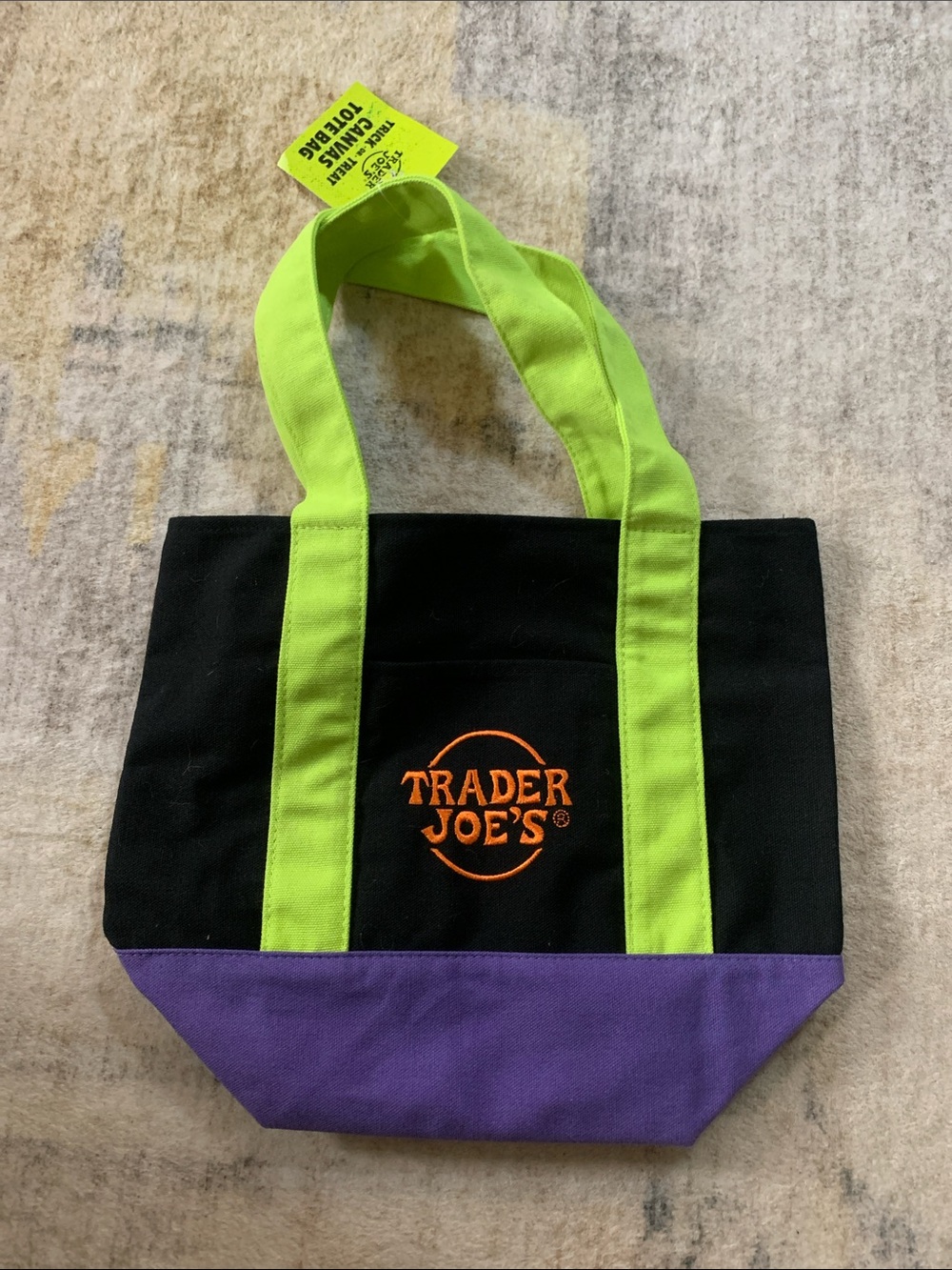 Trader Joe's Black Canvas Tote with Purple Base and Lime Handles